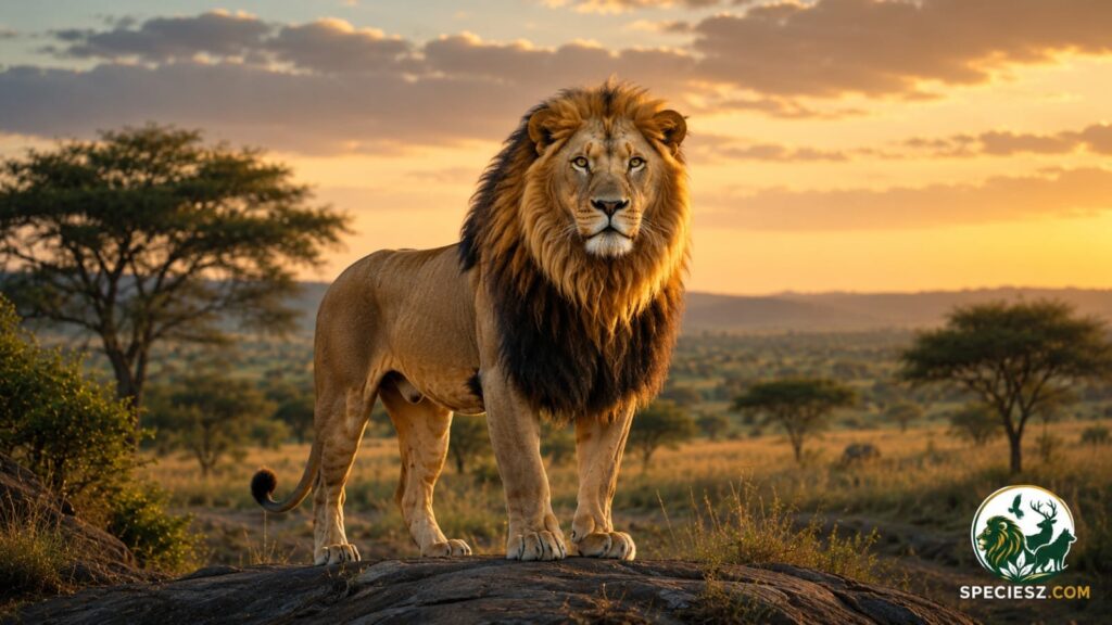 African Lion (Panthera leo) standing in the wild savanna at sunset.