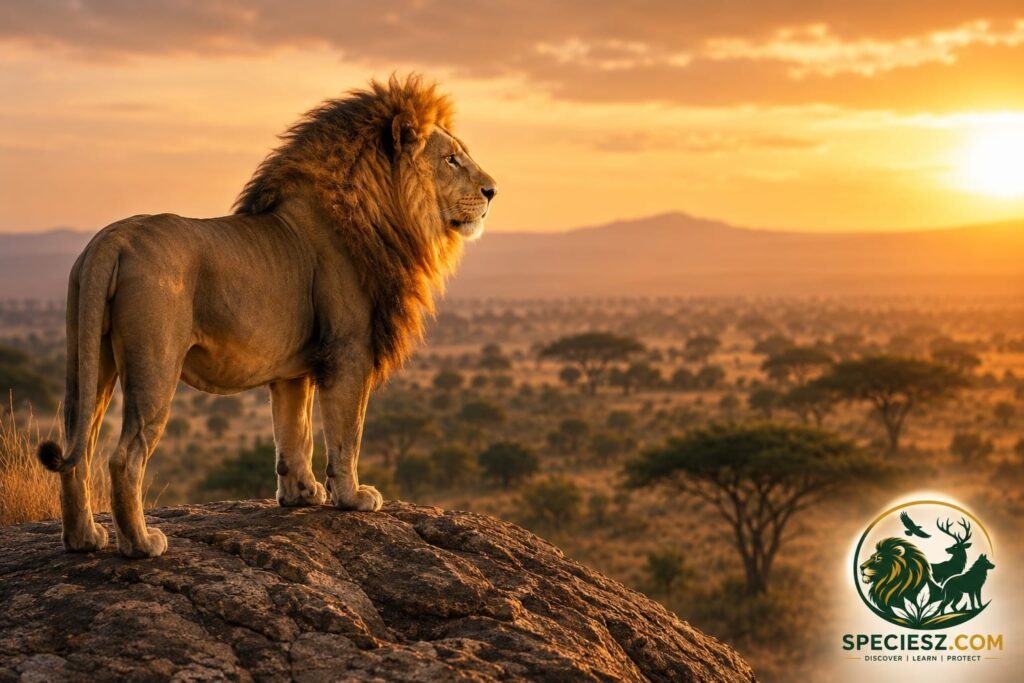 Male African lion standing on a rocky hill overlooking the savanna.