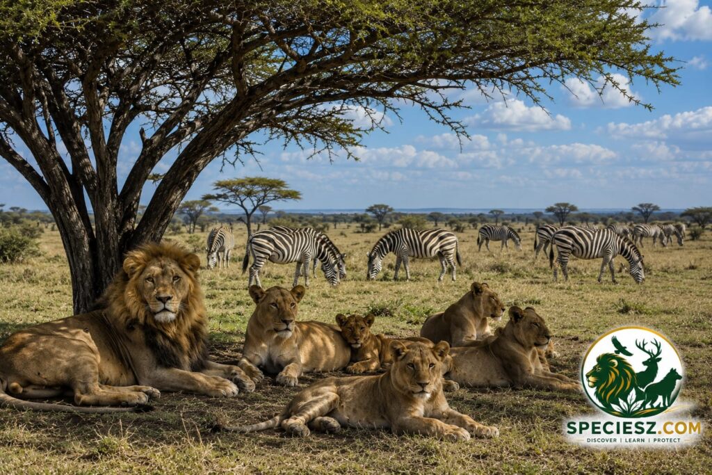 Lions resting in their natural African grassland habitat.
