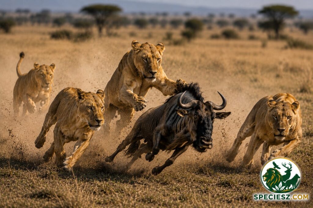 Lionesses hunting wildebeest on the African savanna.