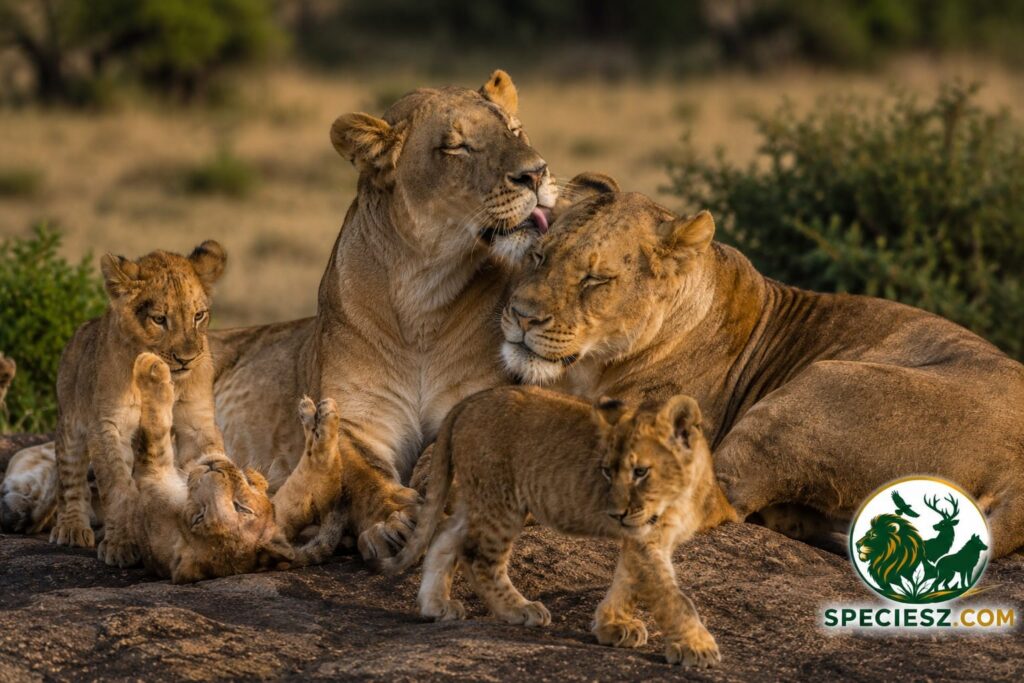 Lion pride showing social behavior with adults and playful cubs.
