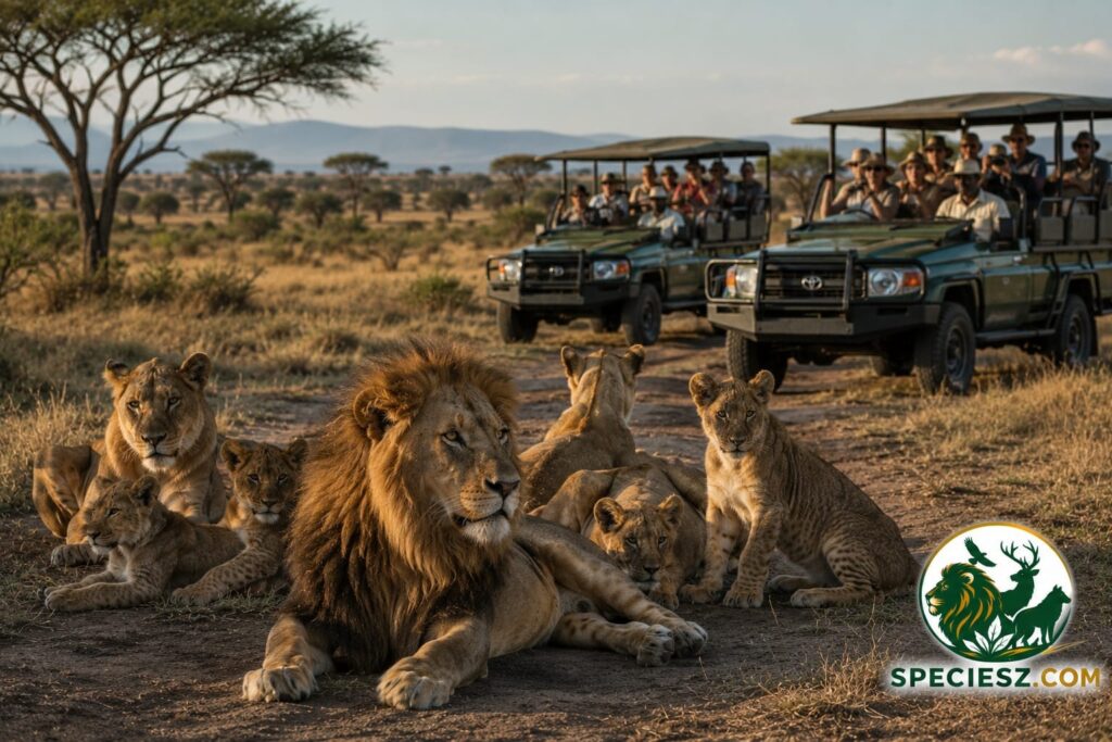 African lions in a protected wildlife reserve.