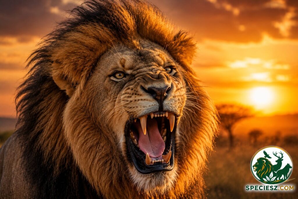 Close-up portrait of a roaring African lion.